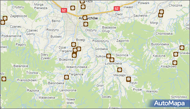 mapa Sułkowice gmina Andrychów, Sułkowice gmina Andrychów na mapie Targeo