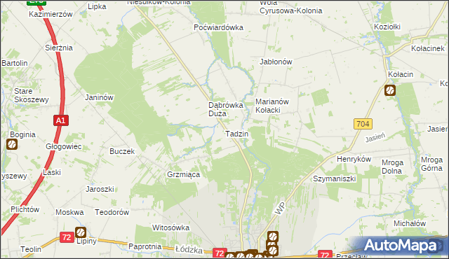 mapa Tadzin gmina Brzeziny, Tadzin gmina Brzeziny na mapie Targeo