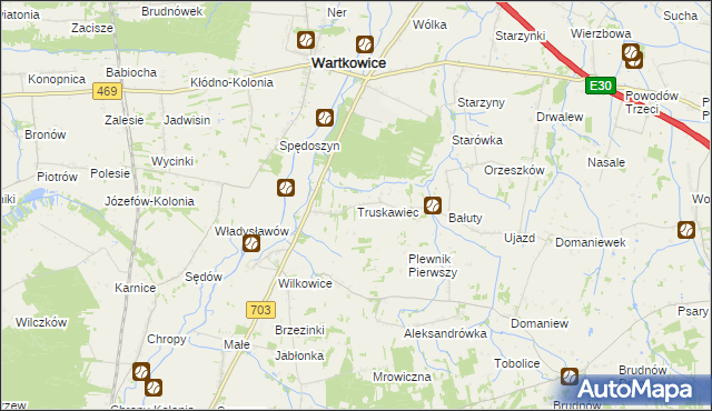 mapa Truskawiec gmina Wartkowice, Truskawiec gmina Wartkowice na mapie Targeo