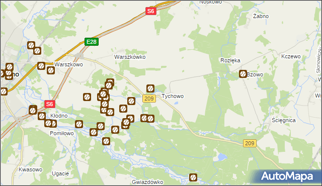 mapa Tychowo gmina Sławno, Tychowo gmina Sławno na mapie Targeo