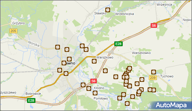 mapa Warszkowo gmina Sławno, Warszkowo gmina Sławno na mapie Targeo