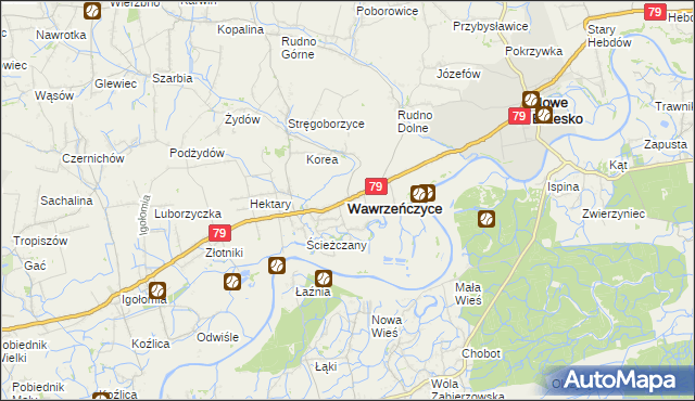 mapa Wawrzeńczyce gmina Igołomia-Wawrzeńczyce, Wawrzeńczyce gmina Igołomia-Wawrzeńczyce na mapie Targeo