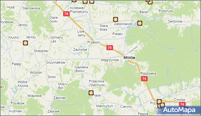 mapa Węgrzynów gmina Mniów, Węgrzynów gmina Mniów na mapie Targeo