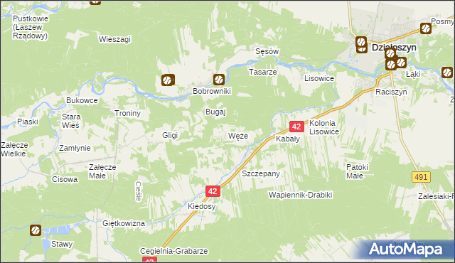 mapa Węże gmina Działoszyn, Węże gmina Działoszyn na mapie Targeo