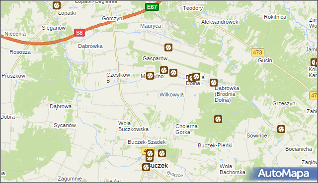 mapa Wilkowyja gmina Buczek, Wilkowyja gmina Buczek na mapie Targeo