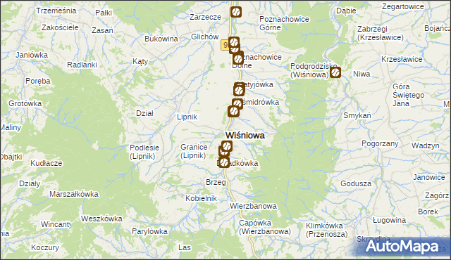 mapa Wiśniowa powiat myślenicki, Wiśniowa powiat myślenicki na mapie Targeo