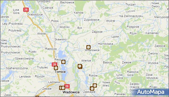 mapa Witanowice gmina Tomice, Witanowice gmina Tomice na mapie Targeo
