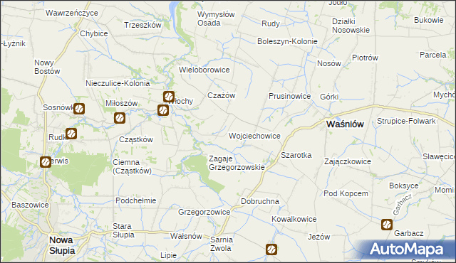 mapa Wojciechowice gmina Waśniów, Wojciechowice gmina Waśniów na mapie Targeo