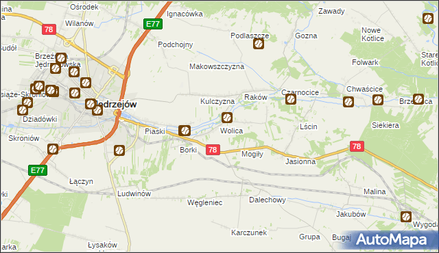 mapa Wolica gmina Jędrzejów, Wolica gmina Jędrzejów na mapie Targeo