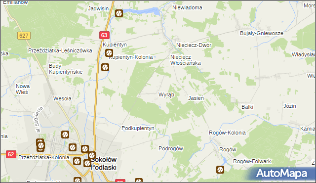 mapa Wyrąb gmina Sokołów Podlaski, Wyrąb gmina Sokołów Podlaski na mapie Targeo