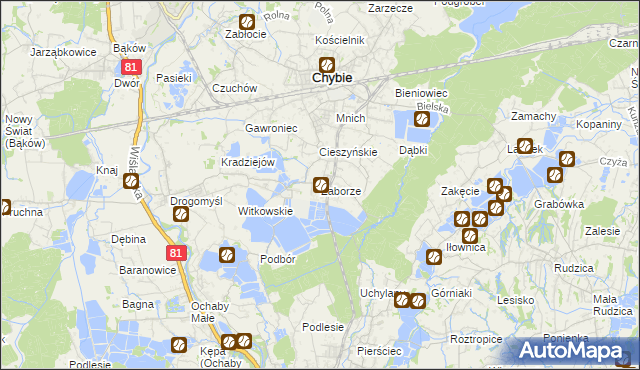 mapa Zaborze gmina Chybie, Zaborze gmina Chybie na mapie Targeo