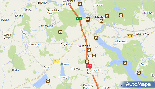 mapa Zajezierze gmina Małdyty, Zajezierze gmina Małdyty na mapie Targeo