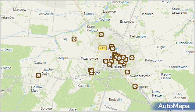 mapa Żakowice gmina Koluszki, Żakowice gmina Koluszki na mapie Targeo