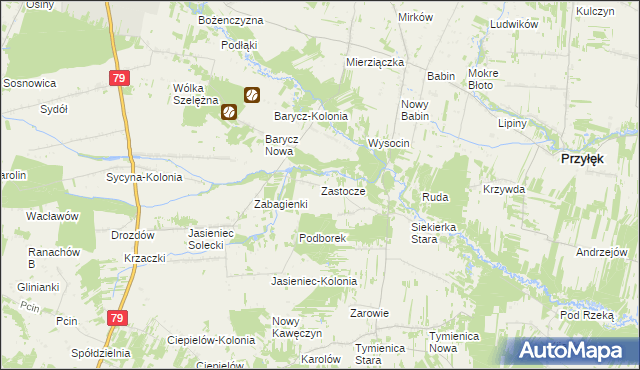 mapa Zastocze gmina Zwoleń, Zastocze gmina Zwoleń na mapie Targeo