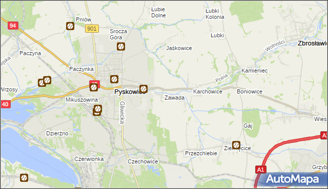 mapa Zawada gmina Zbrosławice, Zawada gmina Zbrosławice na mapie Targeo