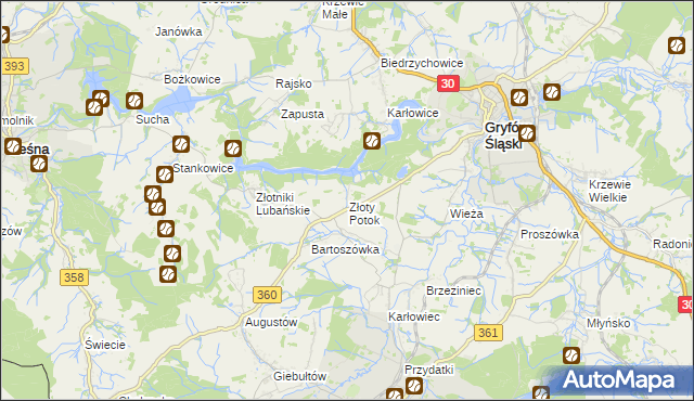 mapa Złoty Potok gmina Leśna, Złoty Potok gmina Leśna na mapie Targeo