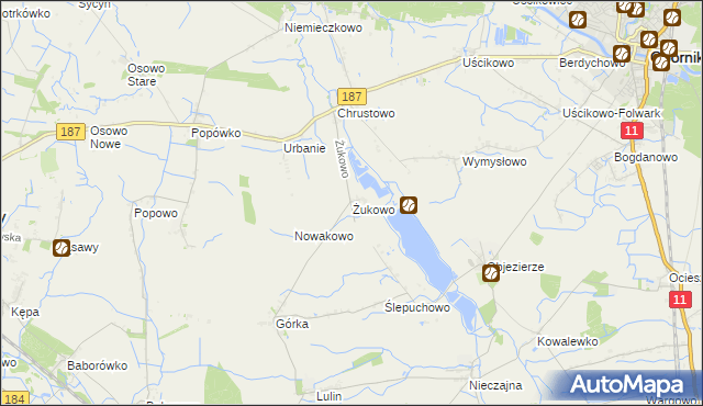 mapa Żukowo gmina Oborniki, Żukowo gmina Oborniki na mapie Targeo