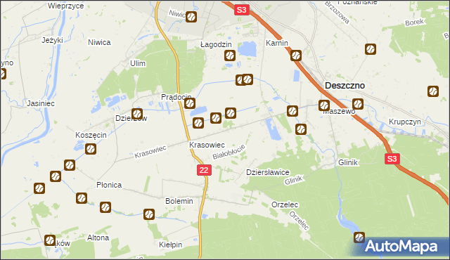 mapa Białobłocie gmina Deszczno, Białobłocie gmina Deszczno na mapie Targeo