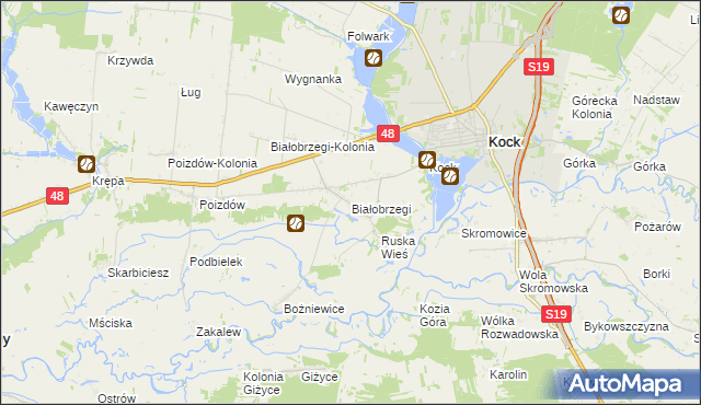 mapa Białobrzegi gmina Kock, Białobrzegi gmina Kock na mapie Targeo