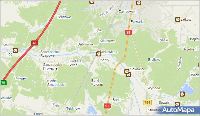 mapa Bobry gmina Radomsko, Bobry gmina Radomsko na mapie Targeo