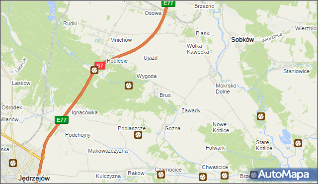 mapa Brus gmina Jędrzejów, Brus gmina Jędrzejów na mapie Targeo