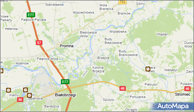 mapa Brzeźce gmina Białobrzegi, Brzeźce gmina Białobrzegi na mapie Targeo