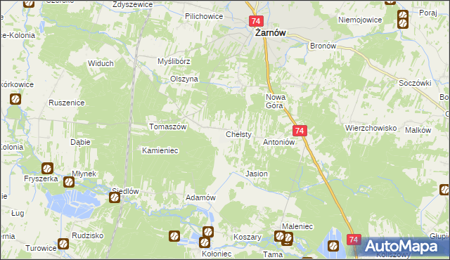 mapa Chełsty gmina Żarnów, Chełsty gmina Żarnów na mapie Targeo