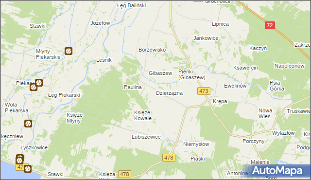 mapa Dzierzązna gmina Poddębice, Dzierzązna gmina Poddębice na mapie Targeo
