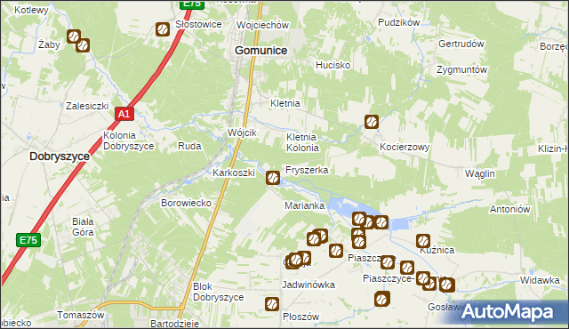 mapa Fryszerka gmina Gomunice, Fryszerka gmina Gomunice na mapie Targeo