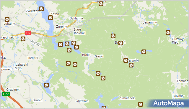 mapa Gąski gmina Ostróda, Gąski gmina Ostróda na mapie Targeo