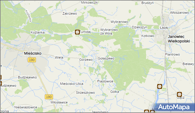 mapa Gołaszewo gmina Mieścisko, Gołaszewo gmina Mieścisko na mapie Targeo