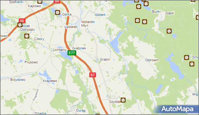 mapa Grabin gmina Ostróda, Grabin gmina Ostróda na mapie Targeo