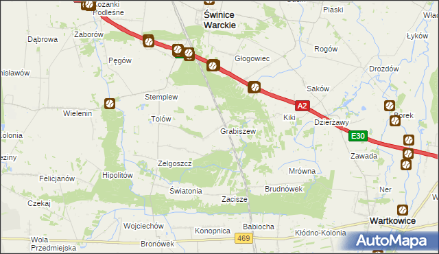 mapa Grabiszew gmina Wartkowice, Grabiszew gmina Wartkowice na mapie Targeo