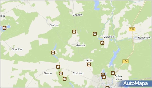 mapa Gronów gmina Ośno Lubuskie, Gronów gmina Ośno Lubuskie na mapie Targeo