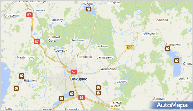mapa Januszewo gmina Biskupiec, Januszewo gmina Biskupiec na mapie Targeo