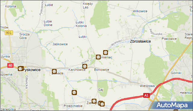 mapa Kamieniec gmina Zbrosławice, Kamieniec gmina Zbrosławice na mapie Targeo