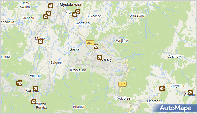 mapa Kowary powiat jeleniogórski, Kowary powiat jeleniogórski na mapie Targeo