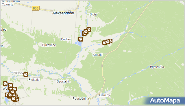 mapa Kozaki gmina Łukowa, Kozaki gmina Łukowa na mapie Targeo