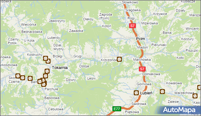 mapa Krzczonów gmina Tokarnia, Krzczonów gmina Tokarnia na mapie Targeo