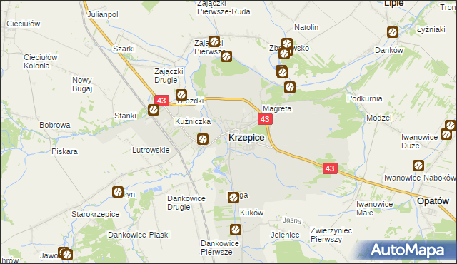 mapa Krzepice powiat kłobucki, Krzepice powiat kłobucki na mapie Targeo