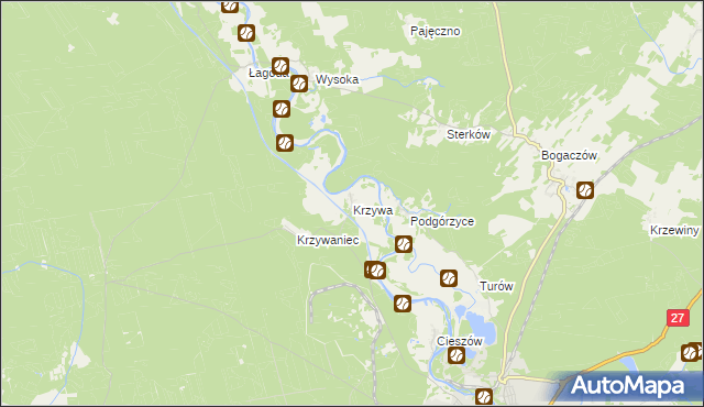 mapa Krzywa gmina Nowogród Bobrzański, Krzywa gmina Nowogród Bobrzański na mapie Targeo