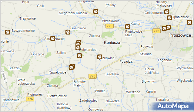 mapa Łyszkowice gmina Koniusza, Łyszkowice gmina Koniusza na mapie Targeo