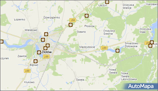 mapa Międzybłocie gmina Złotów, Międzybłocie gmina Złotów na mapie Targeo