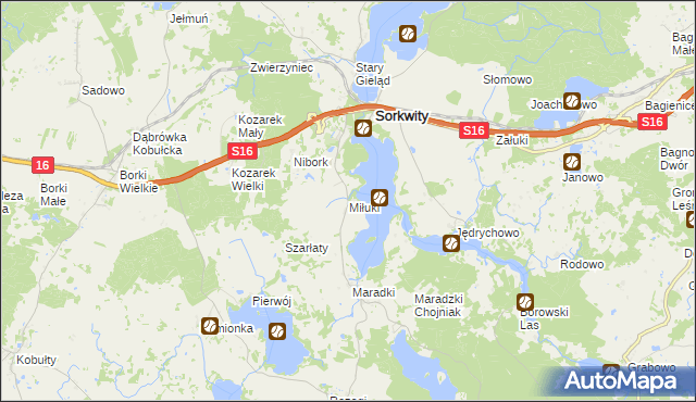 mapa Miłuki gmina Sorkwity, Miłuki gmina Sorkwity na mapie Targeo