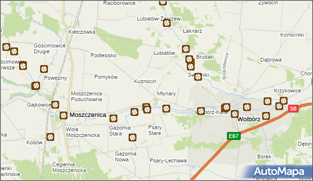 mapa Młynary gmina Wolbórz, Młynary gmina Wolbórz na mapie Targeo