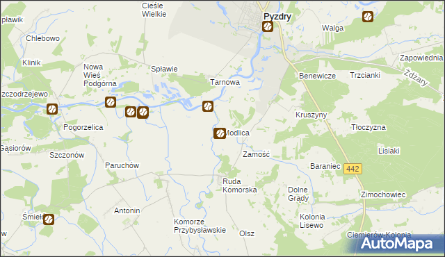 mapa Modlica gmina Pyzdry, Modlica gmina Pyzdry na mapie Targeo
