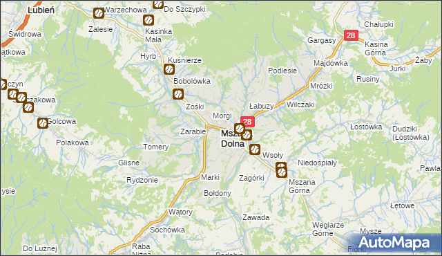 mapa Mszana Dolna, Mszana Dolna na mapie Targeo