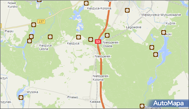 mapa Nietoperek, Nietoperek na mapie Targeo