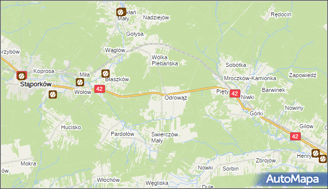 mapa Odrowąż gmina Stąporków, Odrowąż gmina Stąporków na mapie Targeo