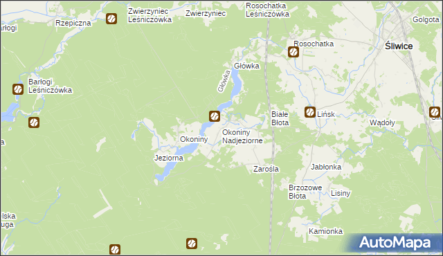 mapa Okoniny Nadjeziorne, Okoniny Nadjeziorne na mapie Targeo